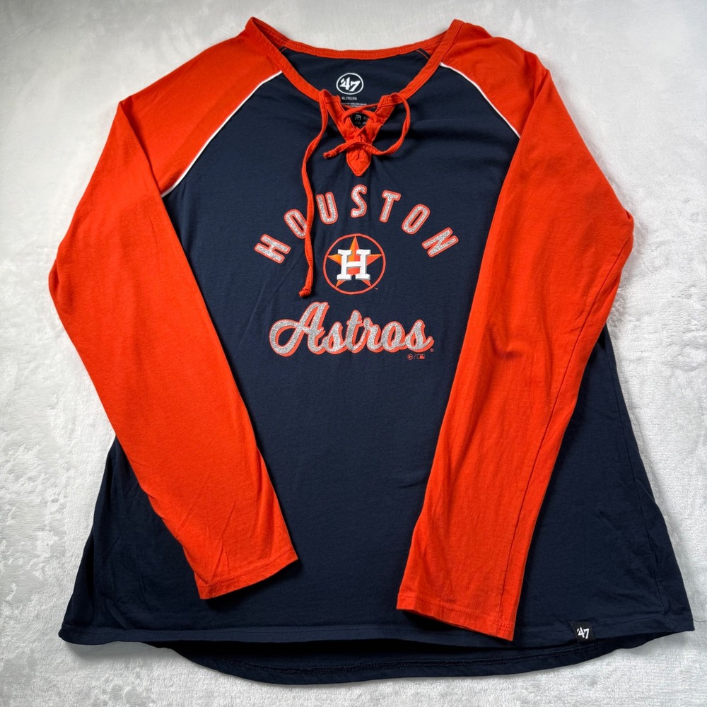 '47 Houston Astros Shirt Womens XL Blue Orange Lace Up Raglan Long Sleeve Tee